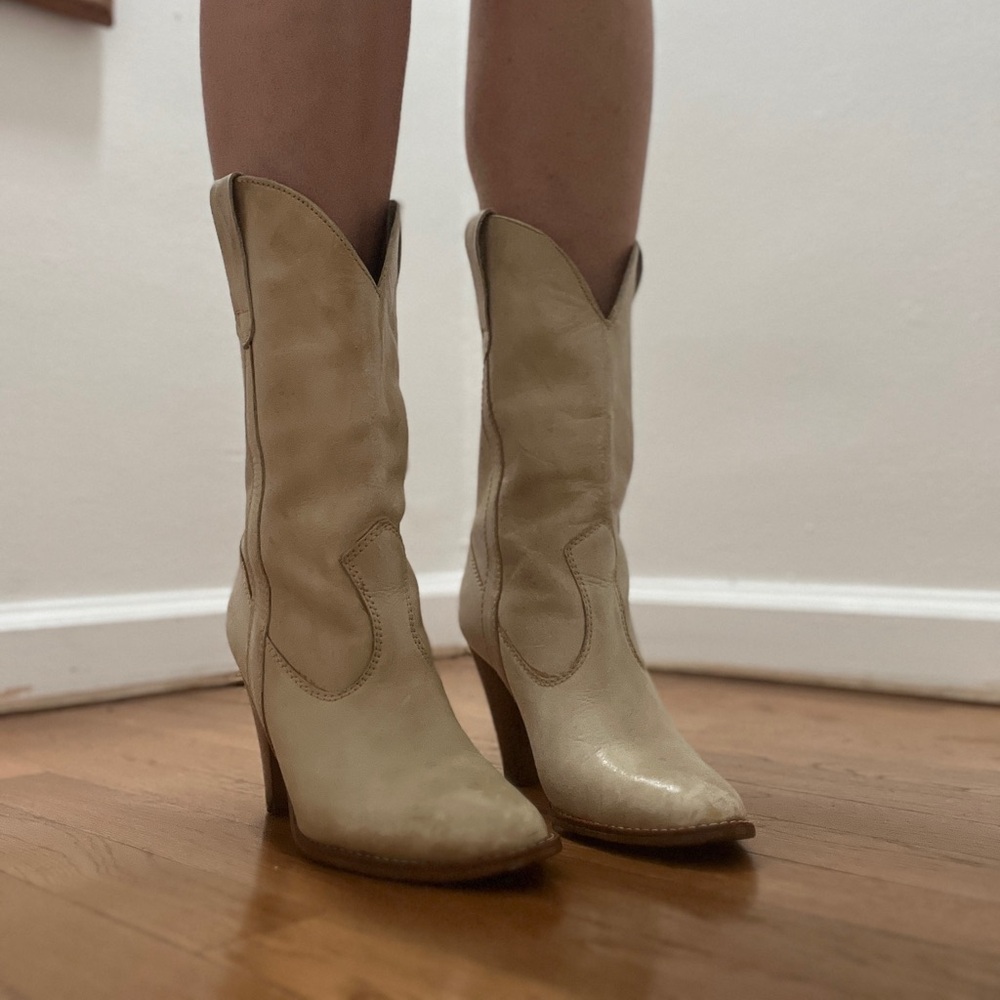 Ivory Leather Cowboy Western Boots